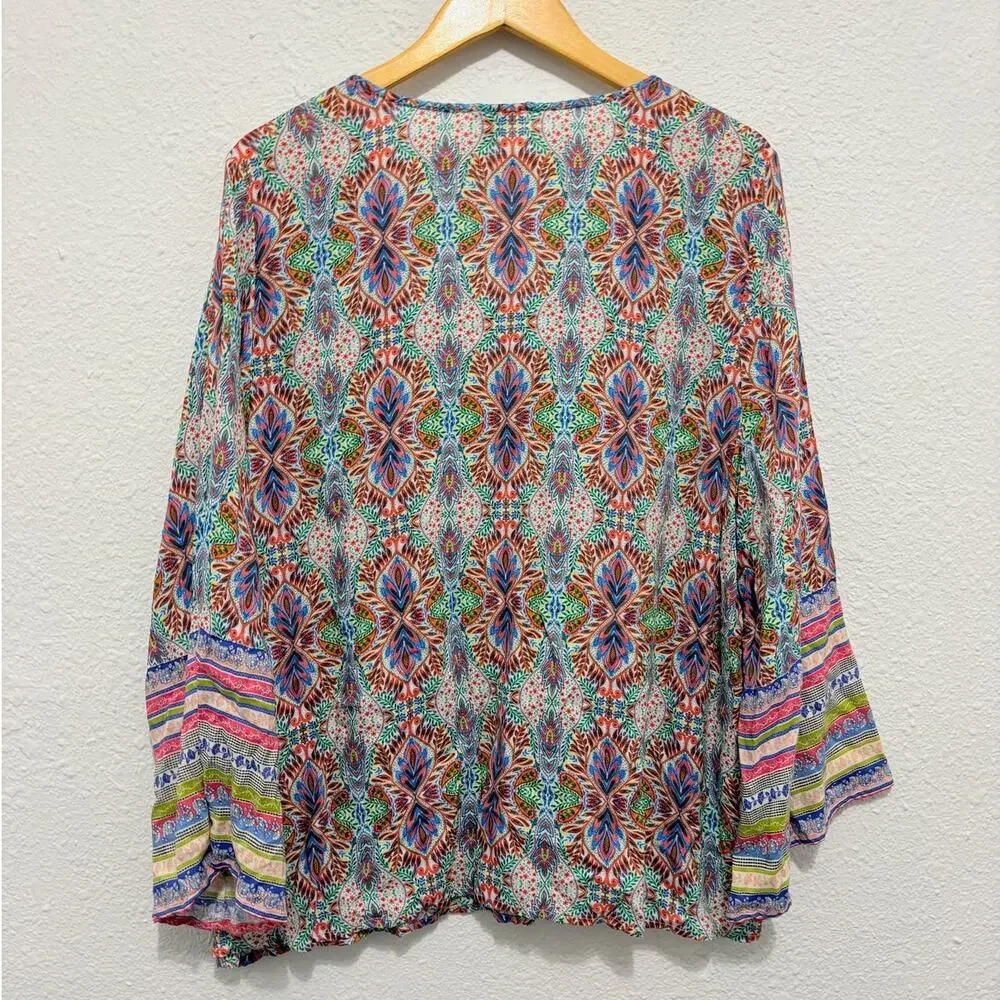Sundance Multicolor Print Peasant Boho Blouse Tassels XL - Picture 2 of 6
